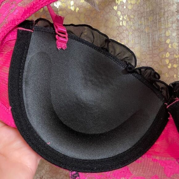 Hot Pink Black Lace Padded Push Up Tie Back Baby Doll Lingerie Med NWOT - Picture 8 of 8